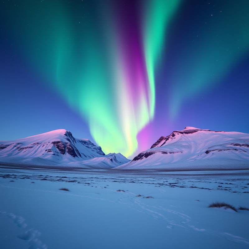 Aurora boreal sobre un paisaje nevado en Islandia.