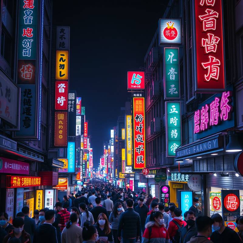 Calle concurrida en Seúl, Corea del Sur, de noche.
