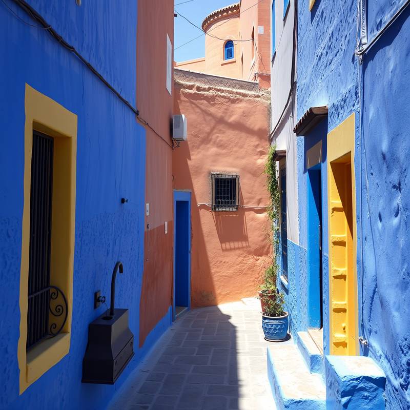 Calle estrecha en Chefchaouen, Marruecos, con paredes pintadas de azul en diferentes tonos.