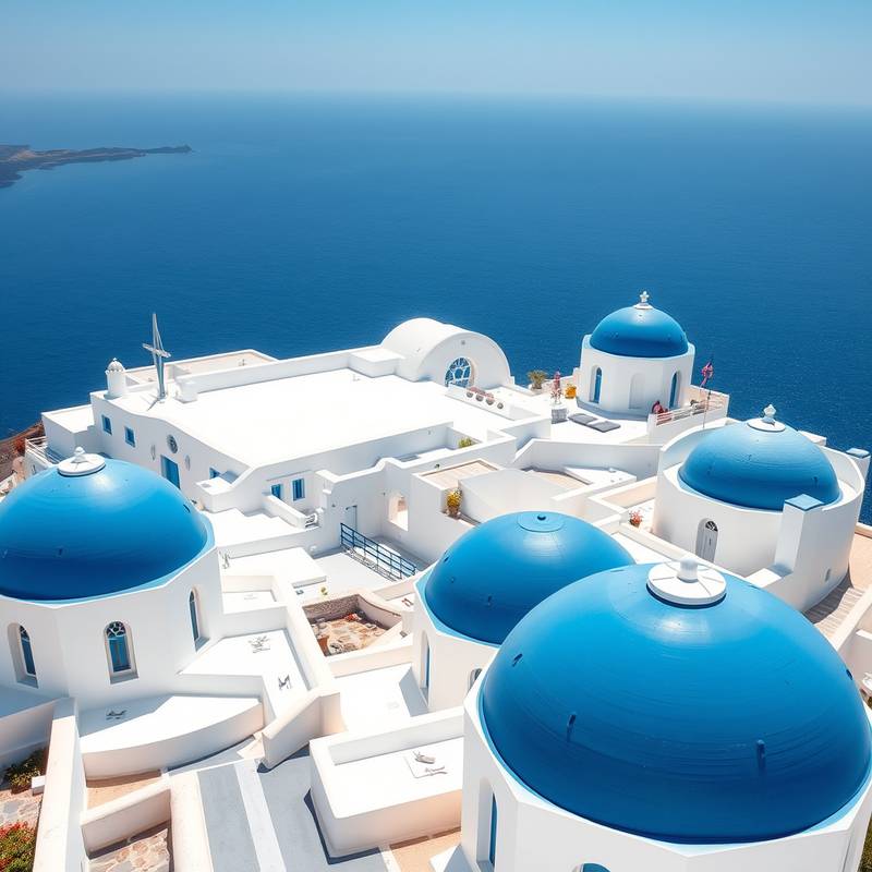 Casas blancas con tejados azules en Santorini con vista al mar Egeo.