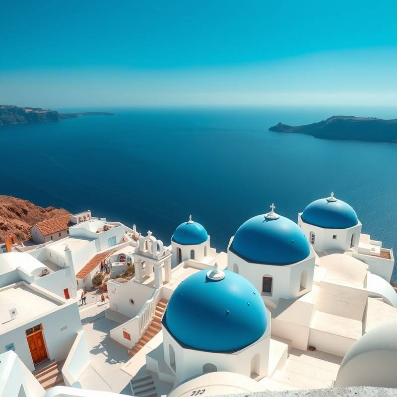 Casas blancas en Santorini con vistas al mar Egeo, mostrando los icónicos tejados azules y la caldera volcánica.