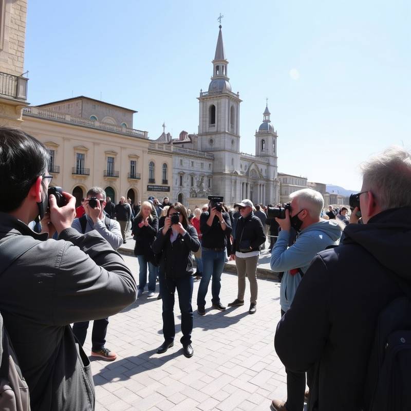 Grupo de fotógrafos en un tour guiado en una ciudad histórica, con un guía señalando un punto de interés.