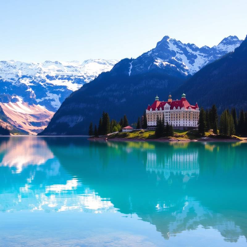 Lago Louise en el Parque Nacional Banff, Canadá, con montañas nevadas reflejadas en el agua turquesa y un castillo a la orilla.