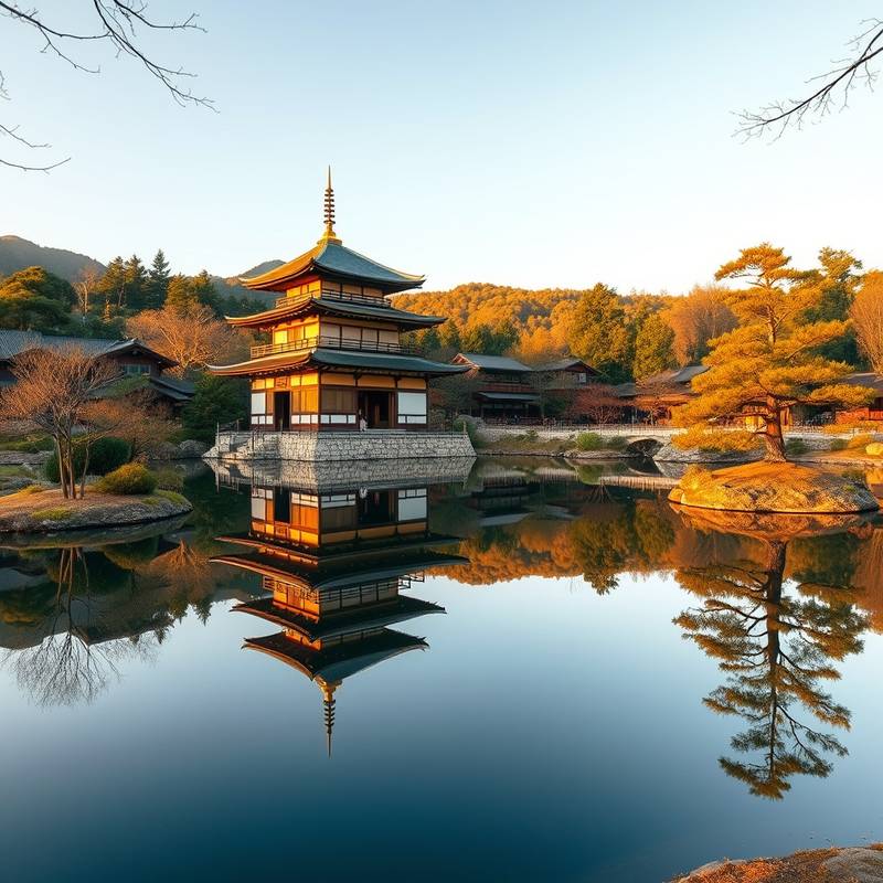 Templo Kinkaku-ji (Pabellón Dorado) en Kyoto, reflejado en un estanque tranquilo, rodeado de jardines japoneses.