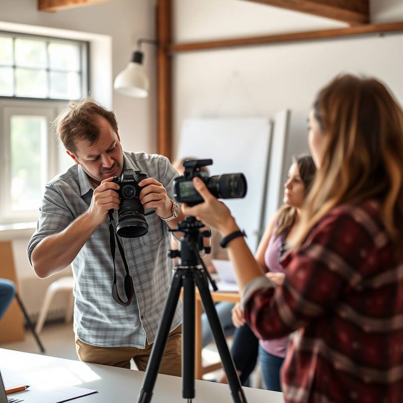 Un instructor de fotografía demostrando una técnica a un grupo de estudiantes en un taller práctico.