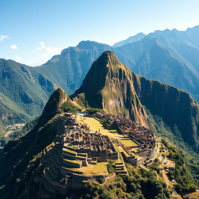 Vista aérea de Machu Picchu, la ciudadela Inca en los Andes peruanos, rodeada de montañas y selva.