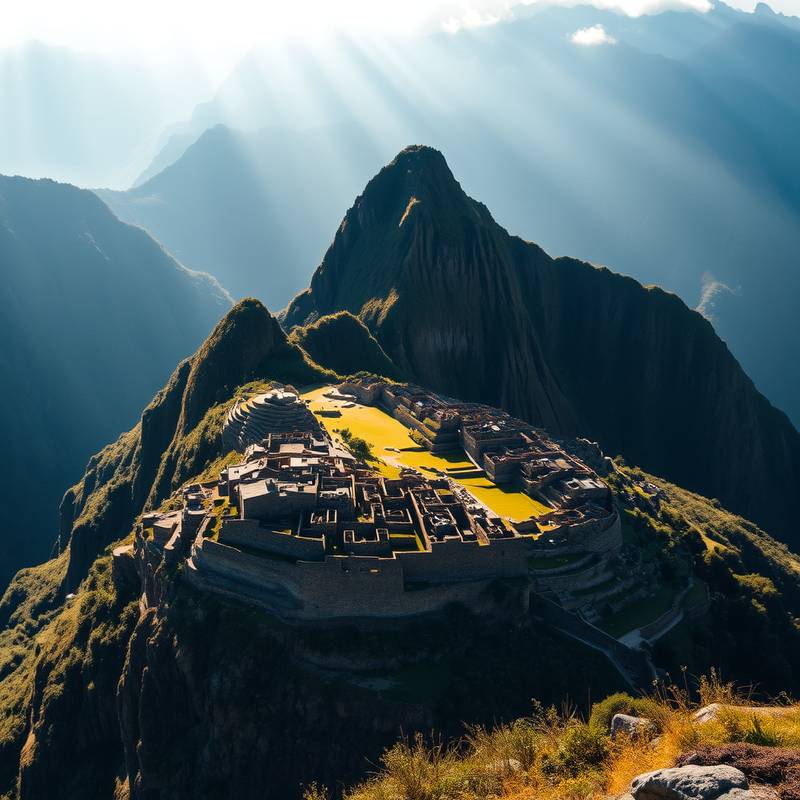 Vista aérea de Machu Picchu, la ciudadela Inca en Perú, rodeada de montañas.