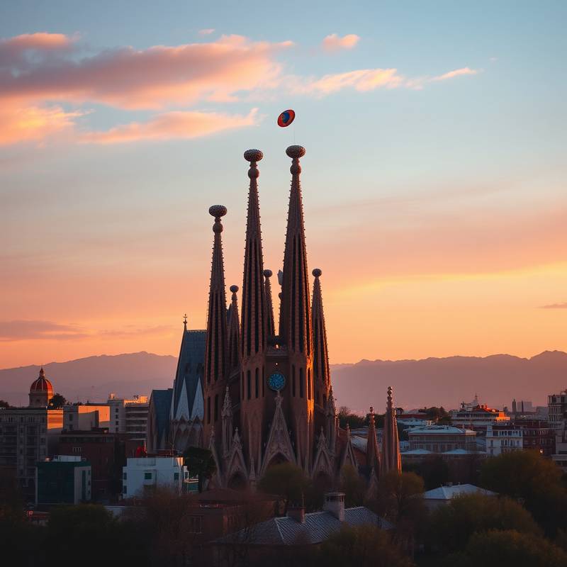 Vista de la Sagrada Familia y el skyline de Barcelona al atardecer.