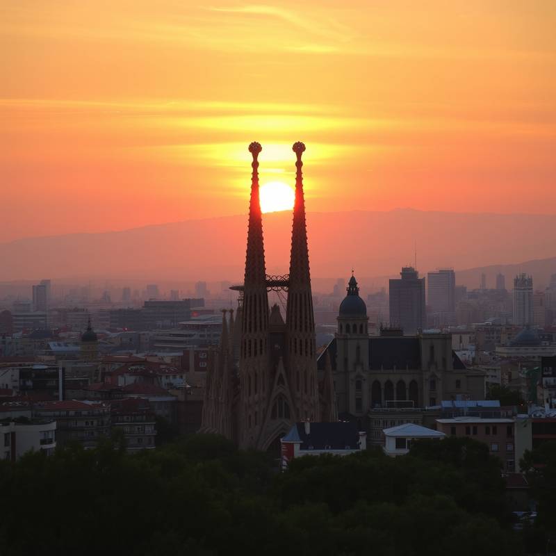 Vista panorámica de Barcelona al atardecer, mostrando la Sagrada Familia y el skyline de la ciudad.